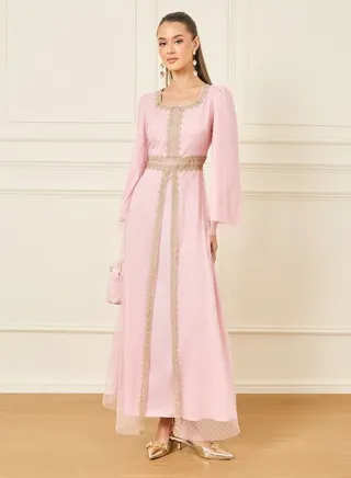 Lace Detail Swiss Dot Mesh Layer Jalabiya