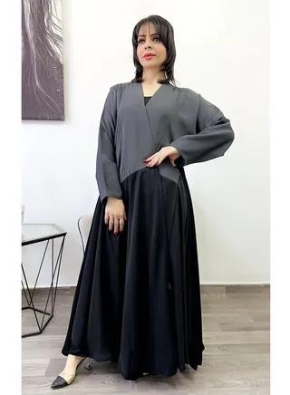 Abaya Unique Abaya Laaf Neck Fleet Black with Grey 