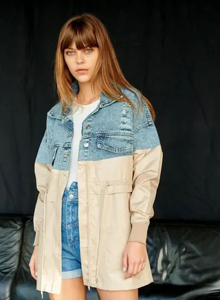 Women's Fashion Denim Coat Classic Stand Collar Long Sleeve Jacket 
