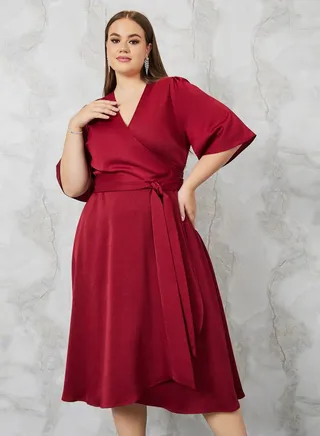 Satin Wrap Midi Dress with Tie Waist