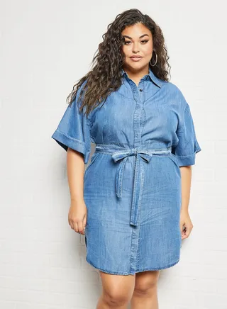 Plus Size Denim Shirt Dress Blue 