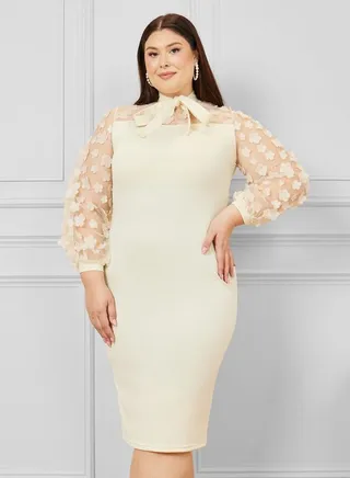 Floral Embroidered Tie Up Neck Bodycon Midi Dress 