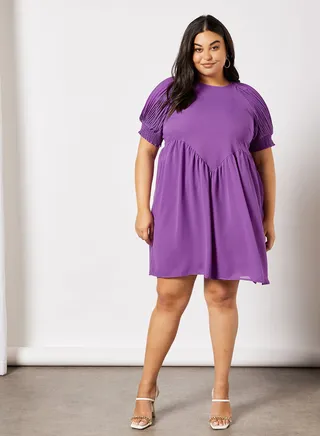 Plus Size Puff Sleeve Mini Dress Purple 