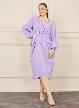 Plus Pleated V Neck A-line Midi Dress 