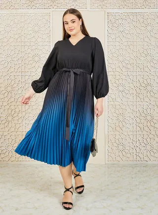 Colorblock Plisse Self Tie Up A-Line Midi Dress