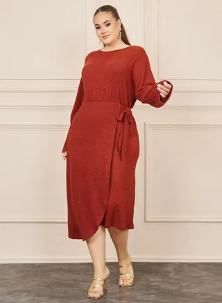 Plus Waffle Texture Wrap Style A-Line Midi Dress 