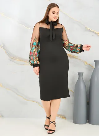 Plus Floral Embroidered Tie Up Neck Bodycon Midi Dress