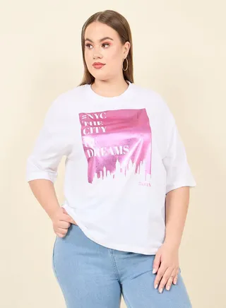 Plus Oversized New York Foil Print Longline T-shirt 