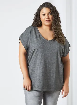 Curvy V-Neck T-Shirt Grey 