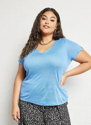 Plus Size Linen T-Shirt Blue 