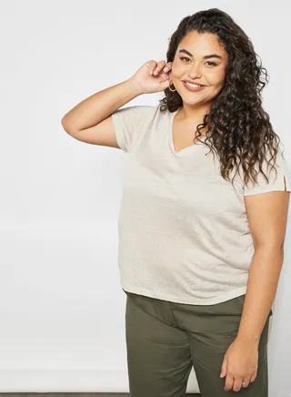 Plus Size Linen T-Shirt Beige 