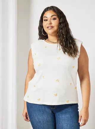 Plus Size Padded Shoulder Top Off-White 
