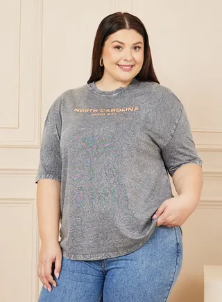 Oversized Acid Wash Slogan Print Longline T-shirt 
