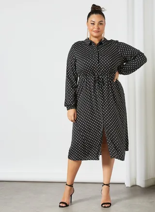 Plus Size Polka Dot Print Shirt Dress Black 