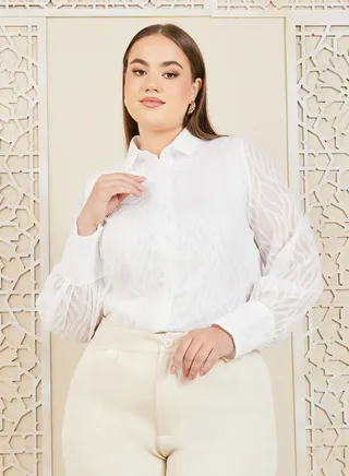 Plus Textured Sheer Sleeves Regular Fit Shirt 