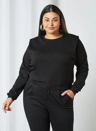 Plus Size Shoulder Padded Sweatshirt Black 