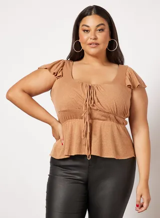 Plus Size Ruffle Sleeve Top Brown 