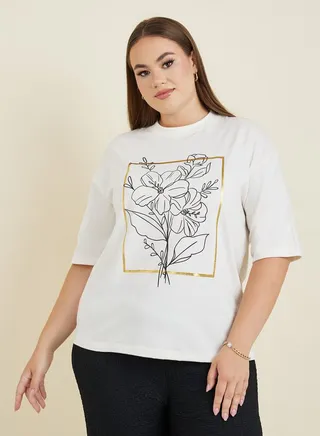 Plus Floral Foil Print Oversized Round Neck Longline T-shirt 