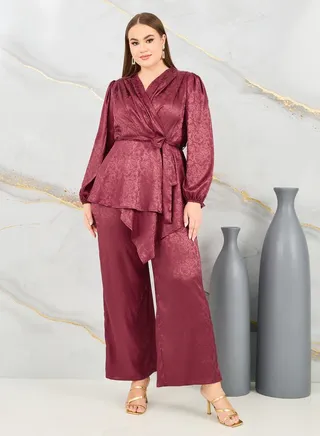 Plus Satin Jacquard Print Asymmetric Hem Wrap Top and Pant Set 