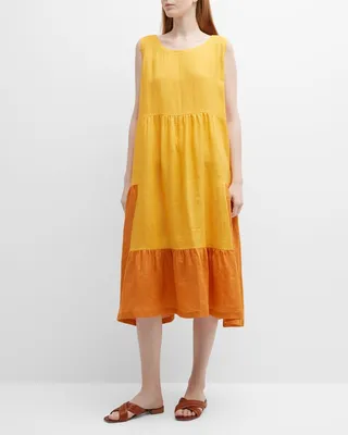 Two-Tone Tiered Pleated Sleeveless Dress