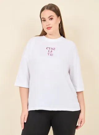 Plus Oversized Dropped Shoulder Cest la Vie Foil Slogan Print T-shirt 