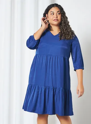 Solid Pleated Three Quarter Sleeve Midi Dress Sodalite Blue 