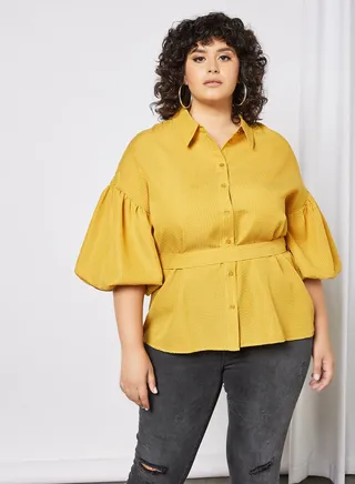 Plus Size 3/4 Sleeve Blouse Yellow 