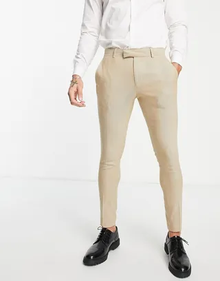 ASOS DESIGN super skinny wool mix smart pants in wide stone herringbone