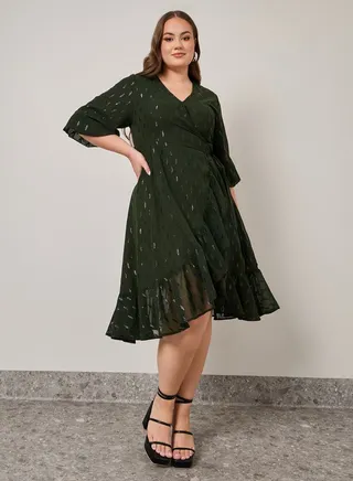 Plus Asymmetric 3/4 Sleeve Wrap Midi Dress 