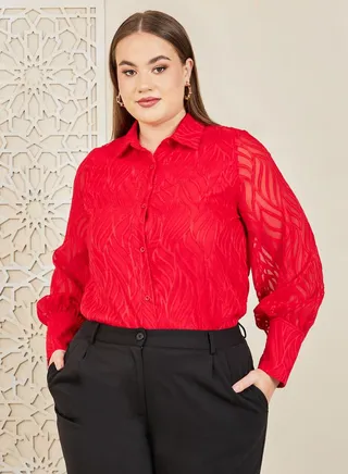 Textured Sheer Sleeves Regular Fit Shirt 