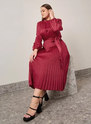 Pleated Belted A-Line Midi Dress 