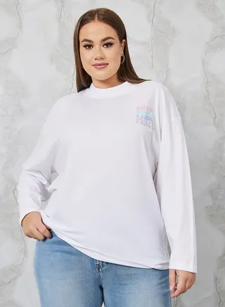 Oversized High Neck Slogan Longline T-Shirt 