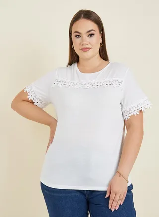 Plus Lace Detail Regular Fit Round Neck T-Shirt 