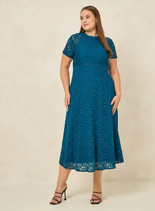 Plus Lace Insert A-Line Midi Dress