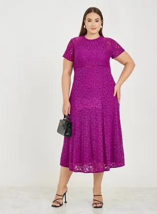 Plus Lace Insert A-Line Midi Dress