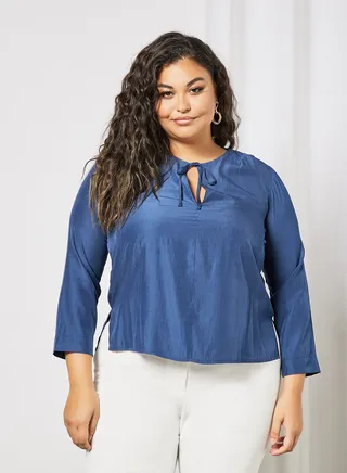 Plus Size Tie-Up Neck Blouse Blue 