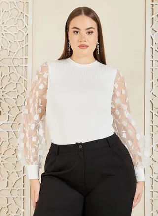 Plus Floral Applique Sheer Sleeves Knit Top 