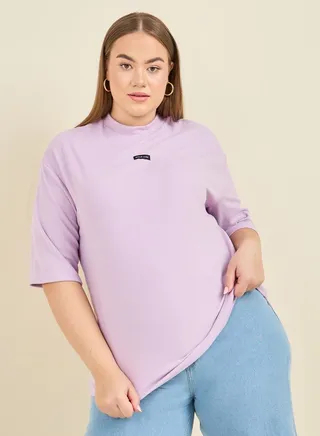 Plus Oversized High Neck Simple Living Print Longline T-shirt 