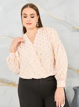 Plus Foil Print Tie Up Sleeves Top 
