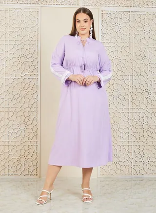 Lace Detail Tie Up Neck A-Line Midi Dress 
