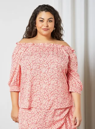 Plus Size Floral Print Bardot Top Pink 