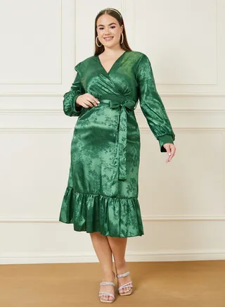 Jacquard Wrap Front Midi Dress with Ruffle Hem 