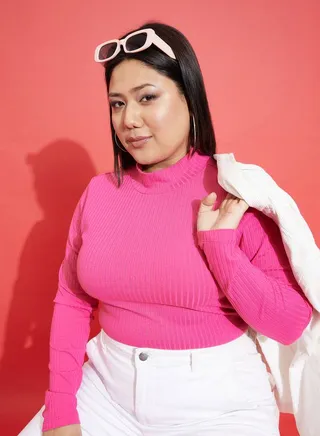 Ribbed High Neck Long Sleeve Top 