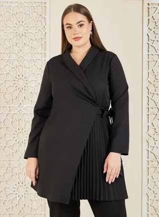 Long Sleeves Pleated Wrap Blazer Dress 