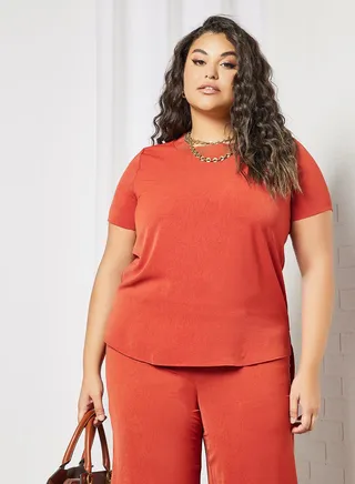 Plus Size Crinkle-Effect Top Brown 