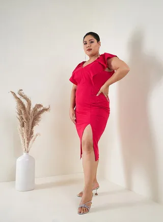 Glitter Ruffle Detail Body Slit Bodycon Midi Dress 