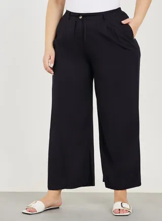 High Rise Crop Length Wide Leg Pant with Drawcord Waist 