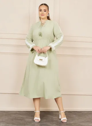 Lace Detail Tie Up Neck A-Line Midi Dress 