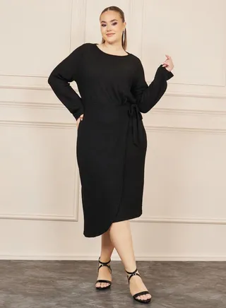 Plus Waffle Texture Wrap Style A-Line Midi Dress 