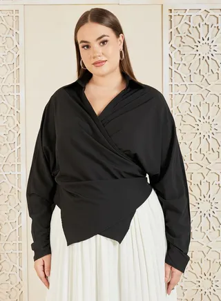 Plus Collared Asymmetric Hem Wrap Top